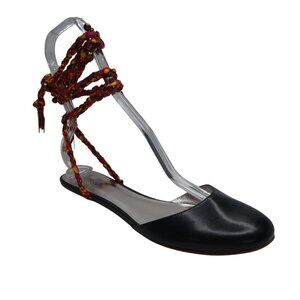 Belle by Sigerson Morrison Black Leather Colorful Ankle Wrap Flats Womens 8